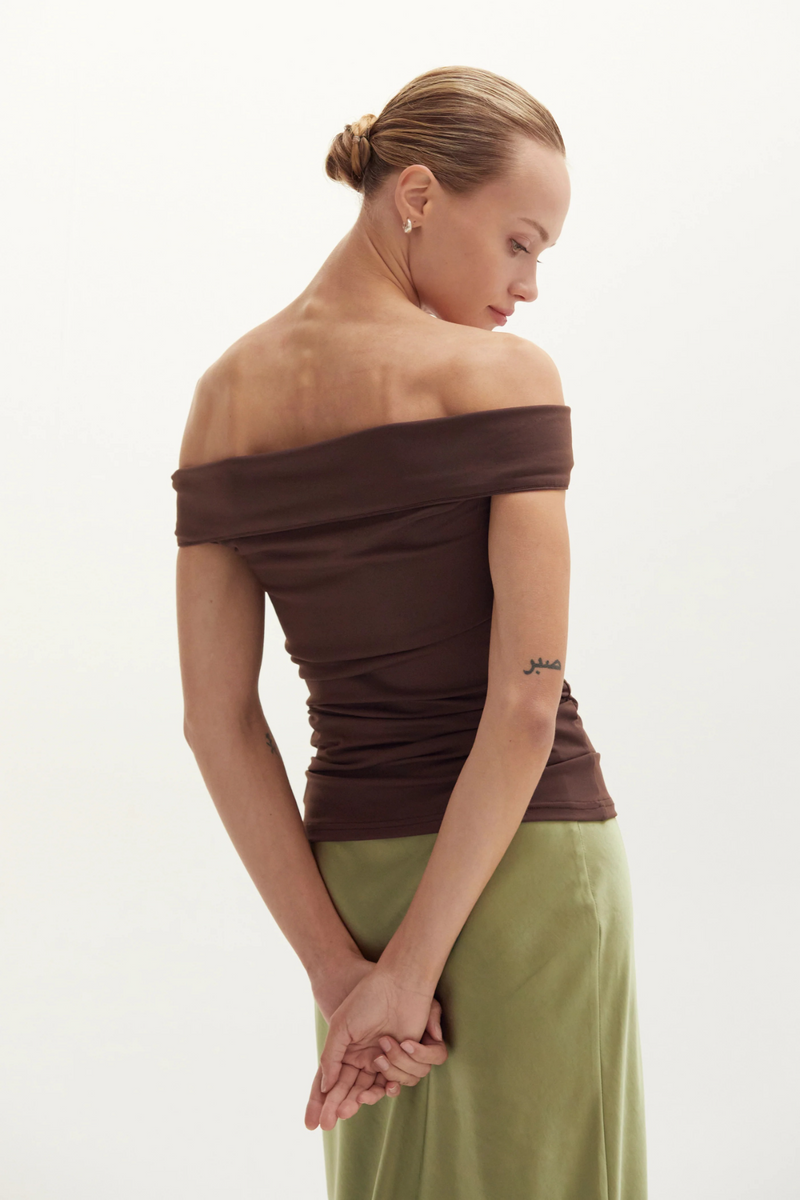 Dark Olive Green Nora Ruched Off Shoulder Knit Top Top