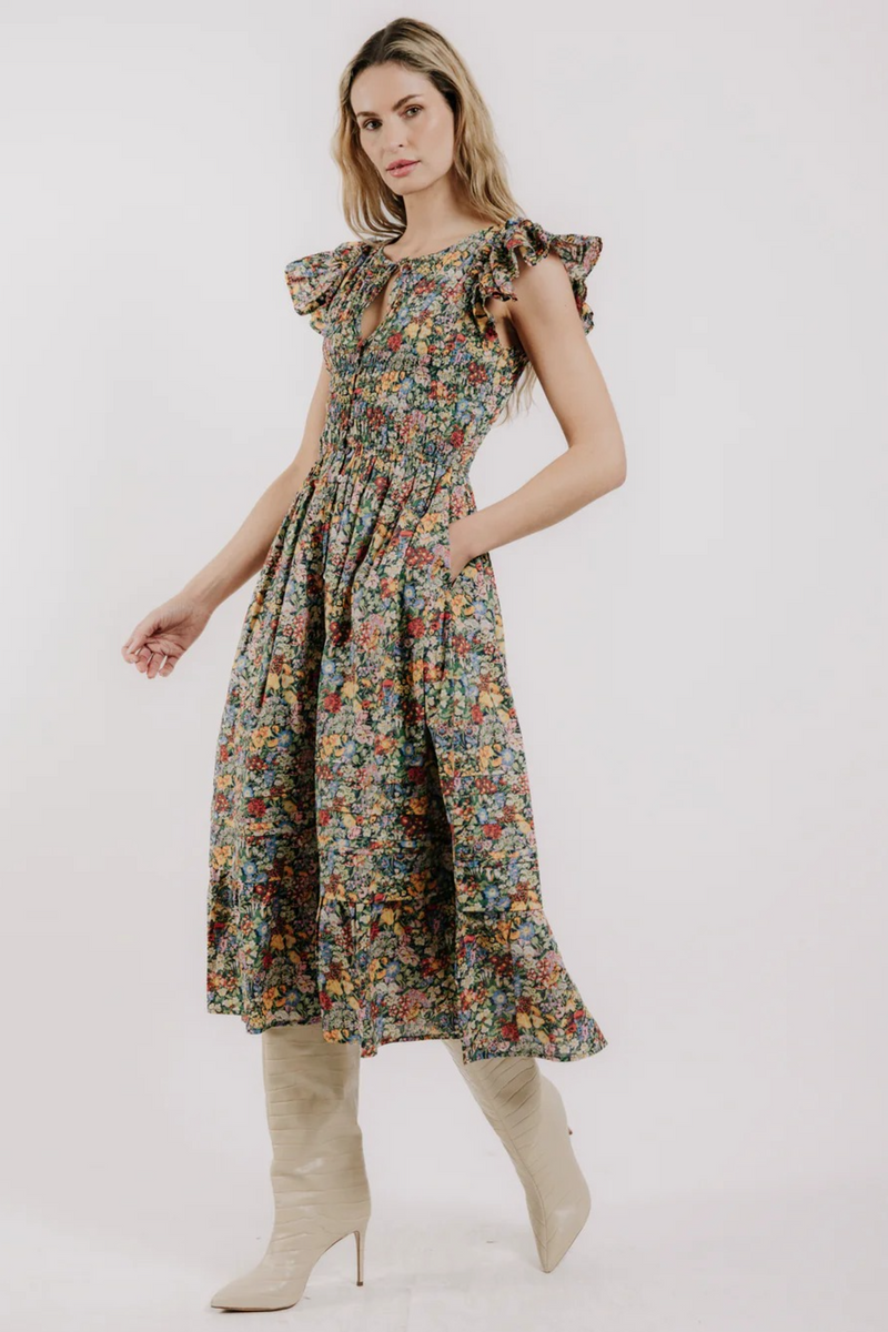 Light Gray Eden Dress in Cottage Garden Liberty Print Midi Dress