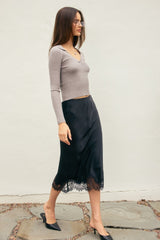 Light Gray The It-Girl Lace Satin Skirt Midi Skirt