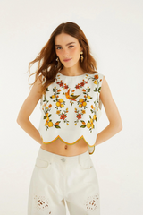 Lavender Off-White Lemon Bouquet Wavy Hem Sleeveless Blouse Top