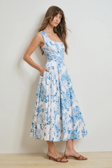 Light Gray The Muse Dress in Blue and White Floral Midi Dress