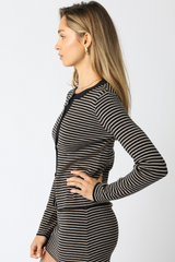 Dark Slate Gray Lindell Stripe Knit Top in Black/Taupe Top