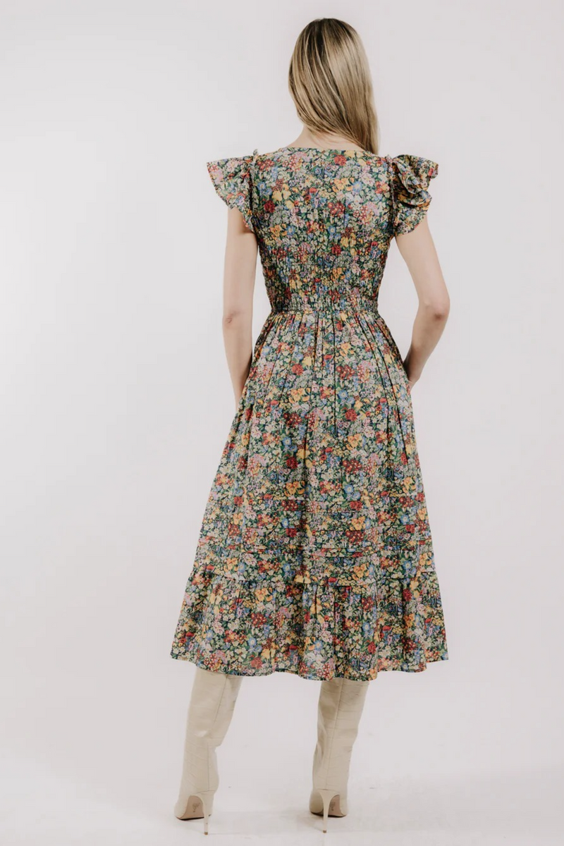 Light Gray Eden Dress in Cottage Garden Liberty Print Midi Dress