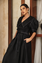 Camilla Dress by LJCDESIGNS, Statement Peter Pan Collar, Midi Length XS / Black linen (w. White stitch) Camilla Dress by LJCDESIGNS, Statement Peter Pan Collar, Midi Length XS / Black linen (w. White stitch)