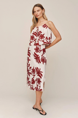 Light Gray Bias Side Slit Skirt in Island Damask Print Midi Skirt