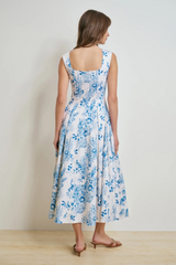 Light Gray The Muse Dress in Blue and White Floral Midi Dress