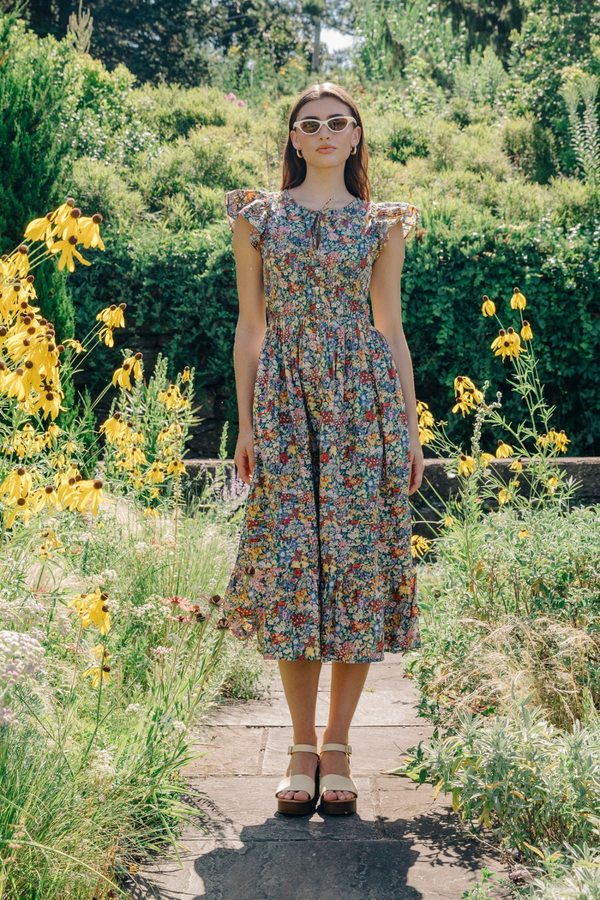 Dark Khaki Eden Dress in Cottage Garden Liberty Print Midi Dress