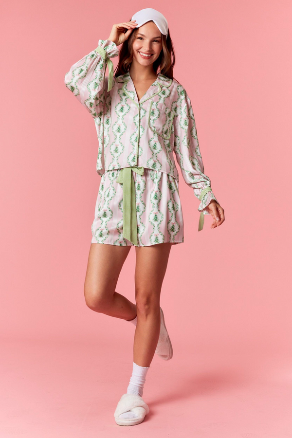 Tan Christmas Satin Gingham Pj Set Pajamas