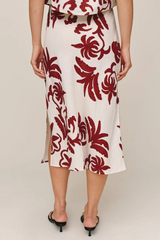 Light Gray Bias Side Slit Skirt in Island Damask Print Midi Skirt