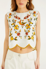 Lavender Off-White Lemon Bouquet Wavy Hem Sleeveless Blouse Top