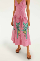 Pale Violet Red Palm Tree Cutwork Stripe Sleeveless Midi Dress Maxi Dress
