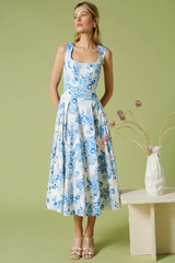 Tan The Muse Dress in Blue and White Floral Midi Dress