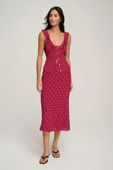 Maroon The Jojo Skirt in Raspberry Ivory Dot Midi Dress