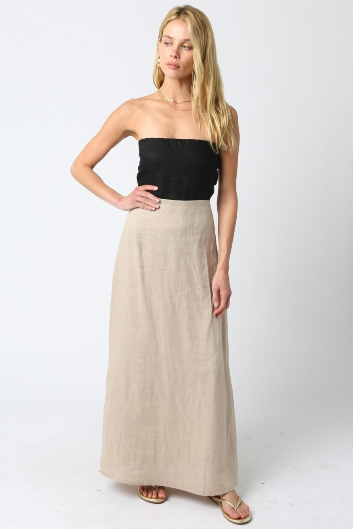 strapless linen maxi dress Miles Contrast Strapless Linen Maxi Black Khaki / L