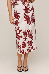 Light Gray Bias Side Slit Skirt in Island Damask Print Midi Skirt