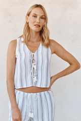 Light Gray Sleeveless Tie Front Top in Rosewood Stripe Top