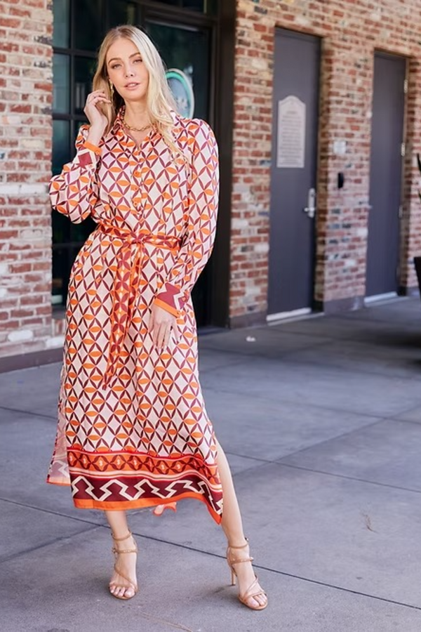 Rosy Brown Split V-Neck Collar Maxi in Lattice Border Maxi Dress