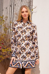 Light Gray Long Sleeve Shirtdress in Diamond Palm Mini Dress