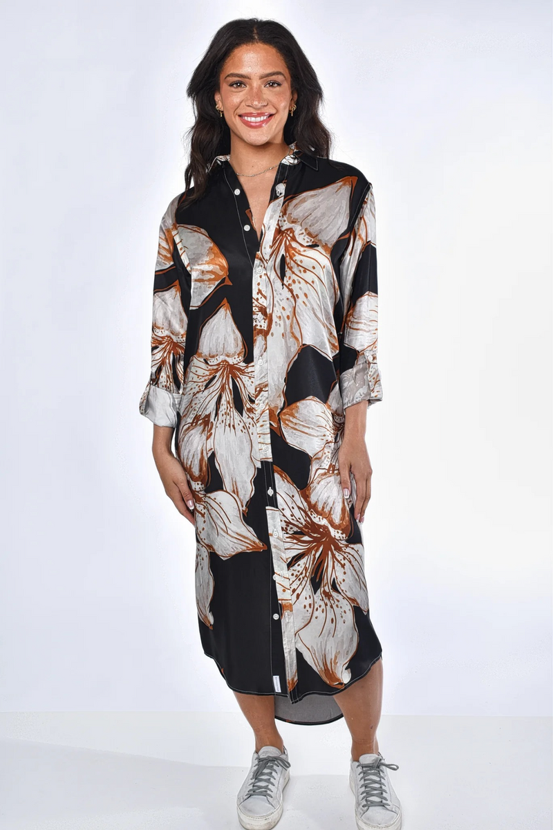 Lavender Big Flower Tencel Midi Dress in Black/White Midi Dress
