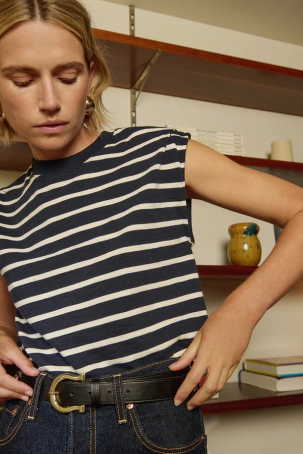 Dark Slate Gray Marina Muscle Tee in Navy Playa Stripe Top