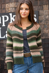 Dark Slate Gray Inez Chunky Cardigan in Waxed Loden Stripe Cardigan