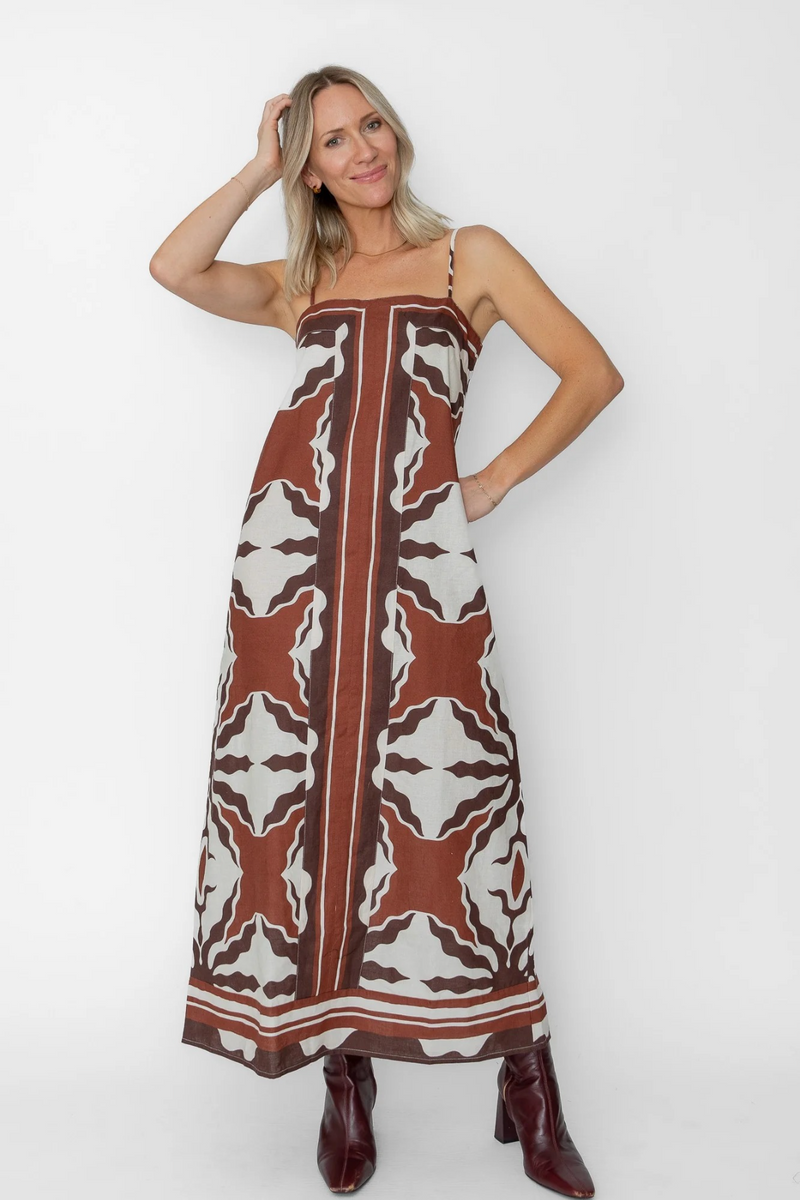 Light Gray Kiki Ankle Dress in Capucine Border Print Maxi Dress