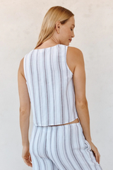 Light Gray Sleeveless Tie Front Top in Rosewood Stripe Top
