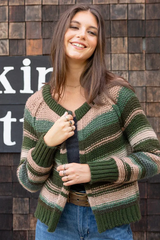 Dark Slate Gray Inez Chunky Cardigan in Waxed Loden Stripe Cardigan