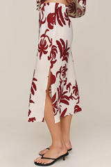 Light Gray Bias Side Slit Skirt in Island Damask Print Midi Skirt