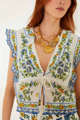 Lavender Off-White Emily Floral Tapestry Drawstring Blouse Blouse