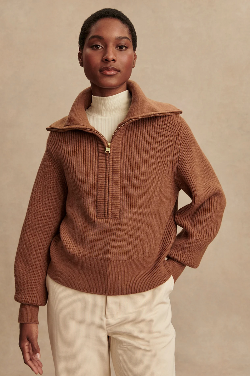 Tan Maura Half Zip Rib Knit Sweater