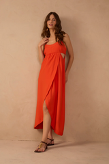 Tan Red Pitanga Side Cut-Out Wrap Midi Dress Maxi Dress