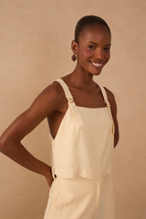 Rosy Brown Beige Shell Straight Neck Buckle Strap Blouse Top