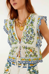 Lavender Off-White Emily Floral Tapestry Drawstring Blouse Blouse