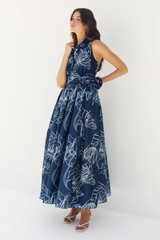 Lavender Hastings Dress in Navy/White Dramatic Vining Iris Maxi Dress