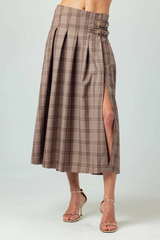 Light Gray Casini Skirt in Mocha Plaid Midi Skirt