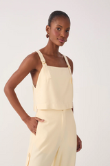 Lavender Beige Shell Straight Neck Buckle Strap Blouse Top