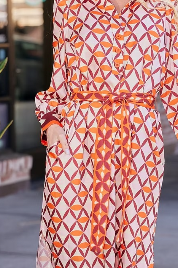 Rosy Brown Split V-Neck Collar Maxi in Lattice Border Maxi Dress