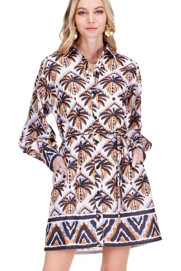 Thistle Long Sleeve Shirtdress in Diamond Palm Mini Dress