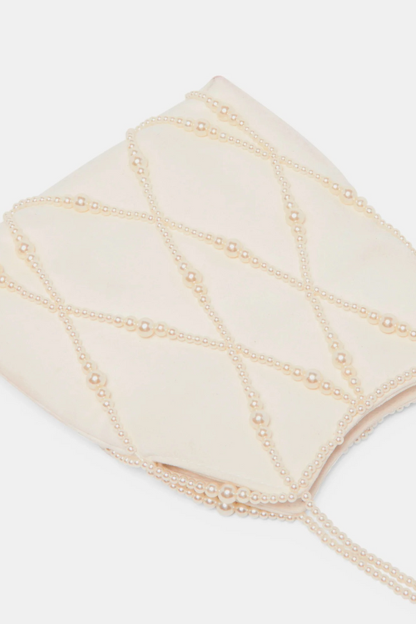 Beige Serilda Pearl Handbag Ivory Satin Clutch