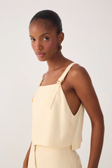 Antique White Beige Shell Straight Neck Buckle Strap Blouse Top