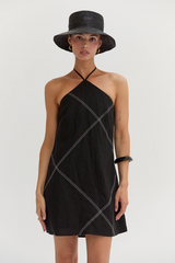 Black Lena Contrast Stitch Halter Linen Mini Dress Mini Dress