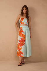 Rosy Brown Blue Lily Crop Top and Midi Skirt Outfit Sets