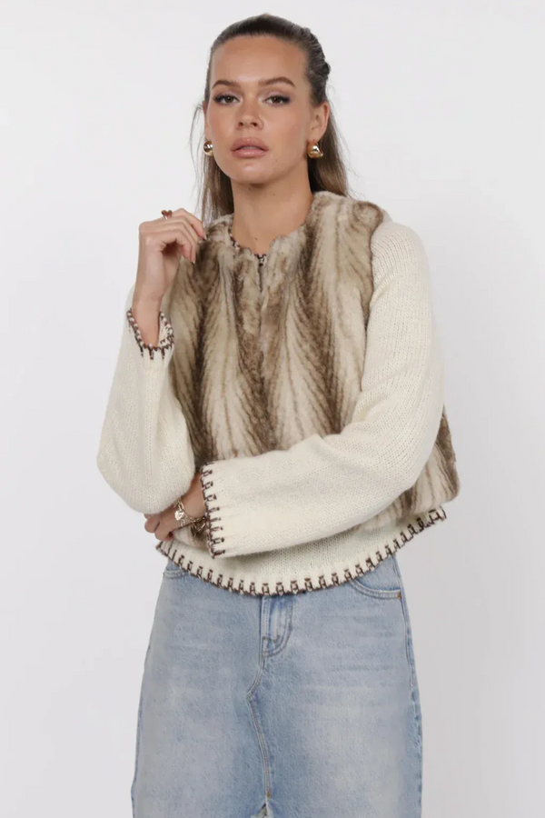 Light Gray Demi Faux Fur Cropped Vest in Ivory/Taupe Faux Fur Vest