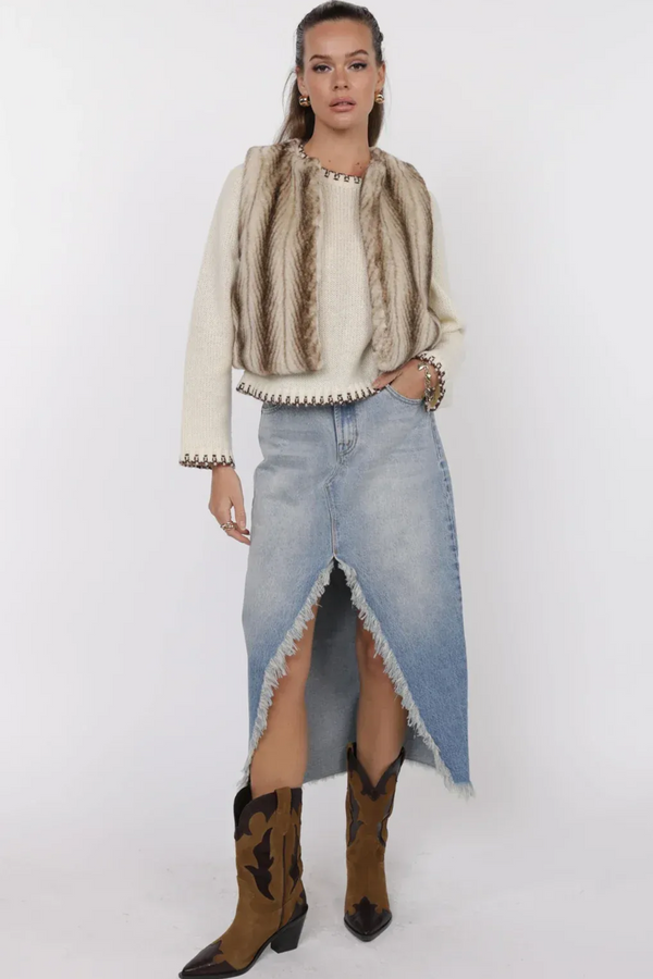 Light Gray Demi Faux Fur Cropped Vest in Ivory/Taupe Faux Fur Vest