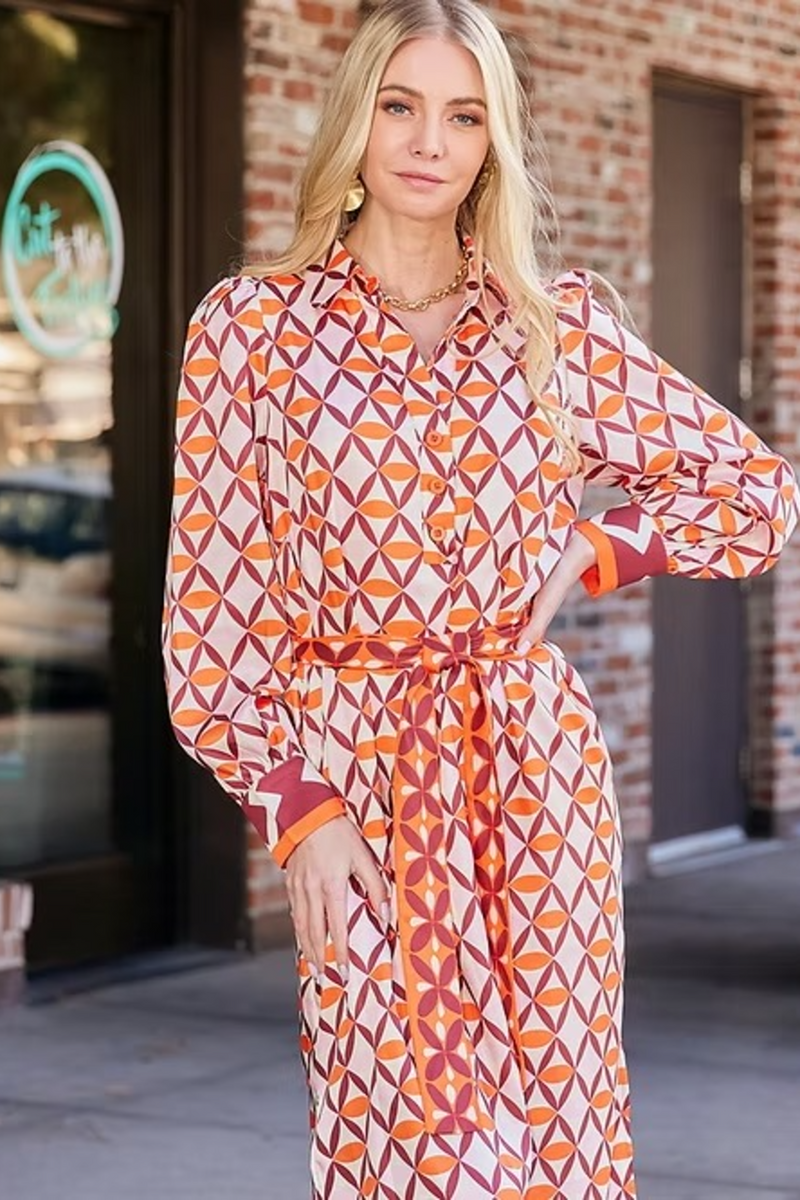 Rosy Brown Split V-Neck Collar Maxi in Lattice Border Maxi Dress