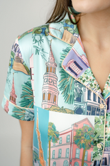 Gray Charleston Pop Button Down Short Set | Charleston Print PJ Set