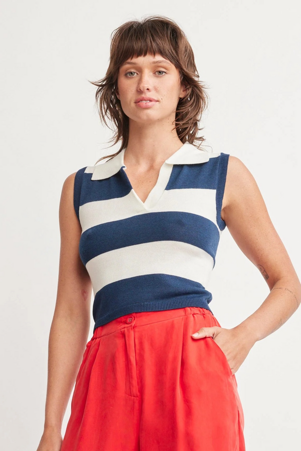 Antique White Waverly Collar Top in Navy Stripe Top