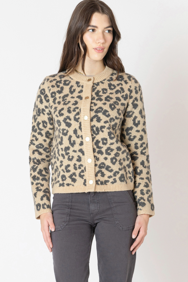 Light Gray Crewneck Patterned Cardigan in Leopard Brown Cardigan