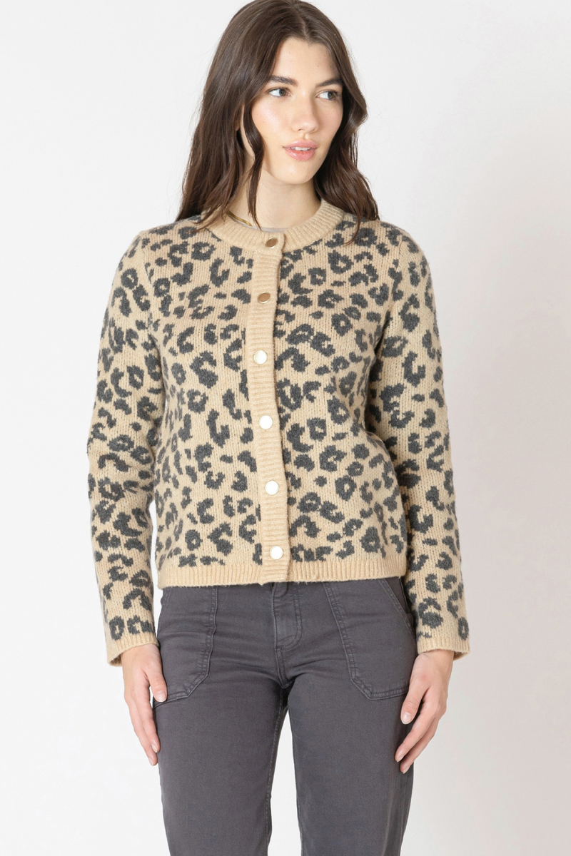 Light Gray Crewneck Patterned Cardigan in Leopard Brown Cardigan